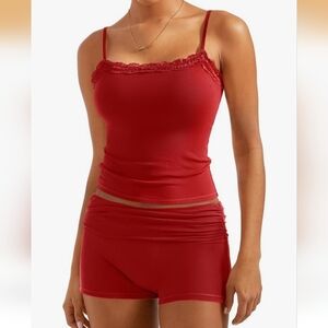 Elegant Red Lace Cami and Shorts Sleepwear Set